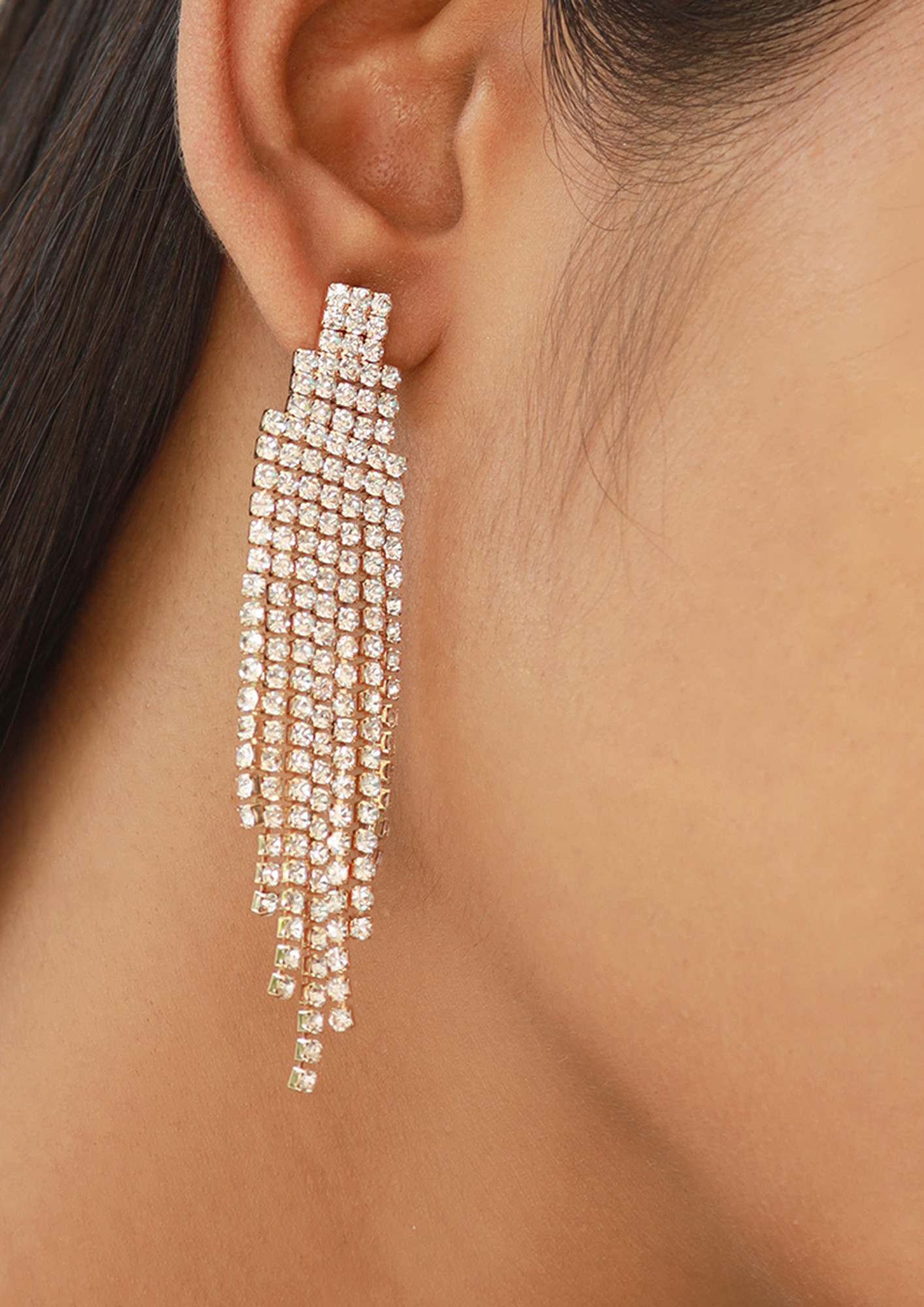 Contemporary White Diamante Crystal Studded Gold-Toned Long Tassel Drop Gold Earrings