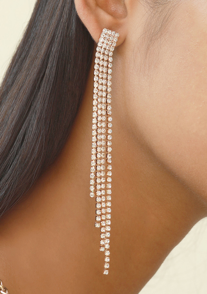 Contemporary White Diamante Crystal Studded Gold-toned Long Asymmetric Tassel Drop Earrings
