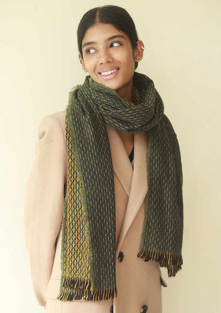 Contemporary Multicolor Green & Yellow Dashed Acrylic Winter Scarf