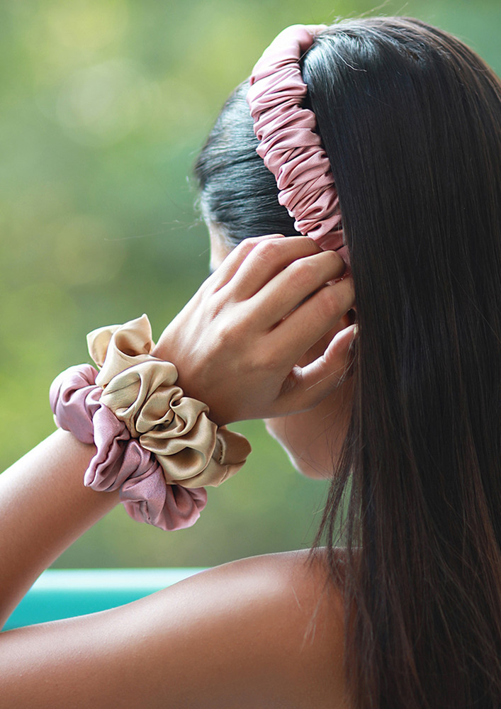 Set Of Three Colorful Pink Satin Scrunchie Hair Ties & Hair Band