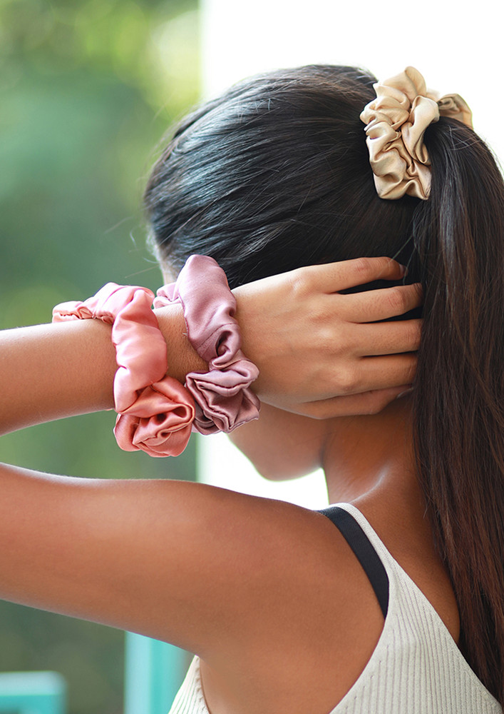 Set Of Three Colorful Pink Satin Scrunchie Hair Ties