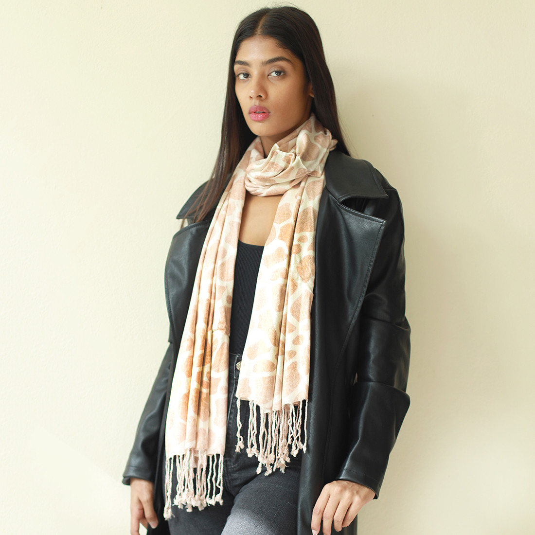 Dusty Pink & Off-White Cow Animal Printed Tassel Modal Scarf