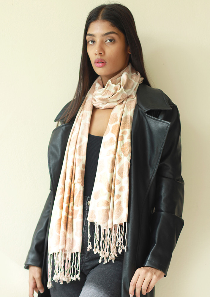 Dusty Pink & Off-white Cow Animal Printed Tassel Modal Scarf
