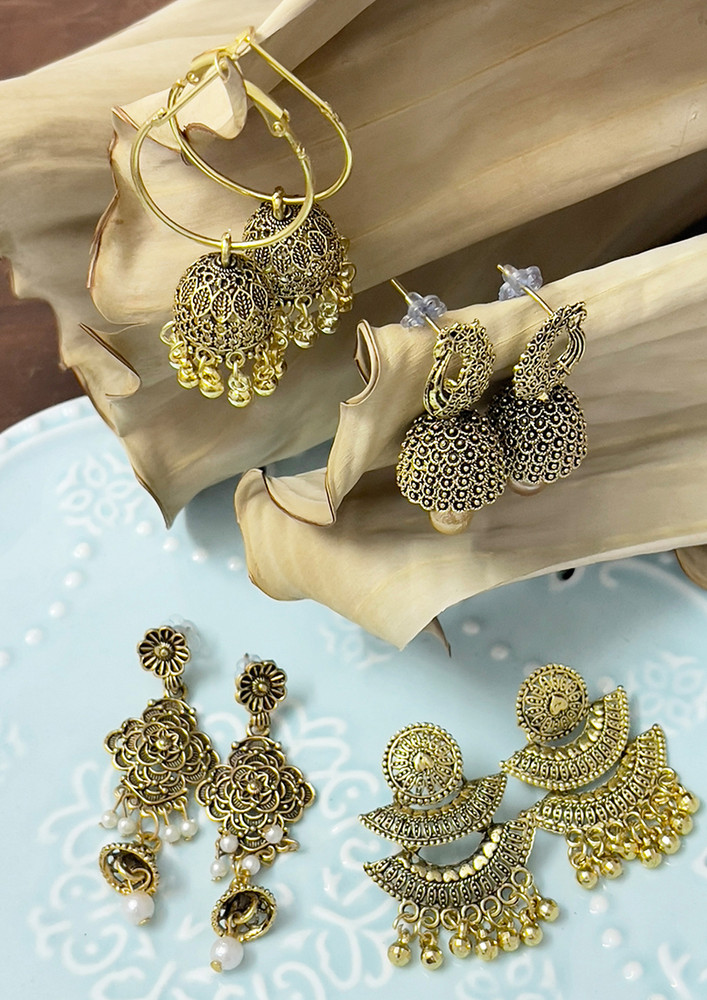 Set Of Four Oxidized Gold Toned Pearl & Ghungroo Studded Jhumka & Chandbali Drop & Hoop Earrings