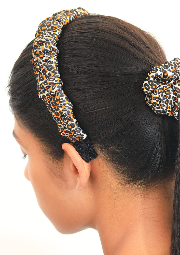 Ayesha Set Of Two Leopard Animal Printed Satin Scrunchie Hair Tie & Hair Band-Multi
