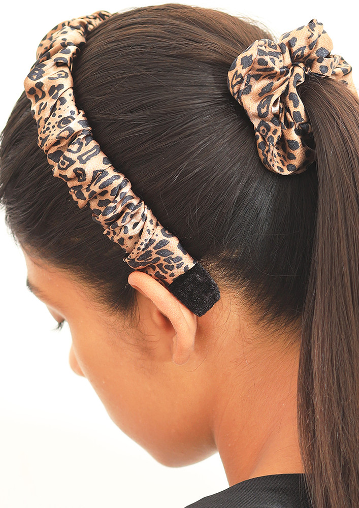 Ayesha Set Of Two Leopard Animal Printed Satin Scrunchie Hair Tie & Hair Band-Beige