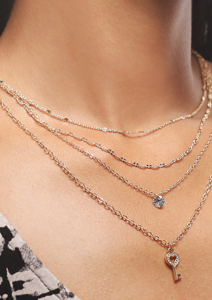Key & Diamante Stud Pendant Gold-Toned Four Layered Necklace