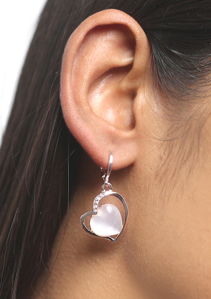 Heart White Moonstone With Diamante Studs Rose Gold-toned Hoop Drop Earrings