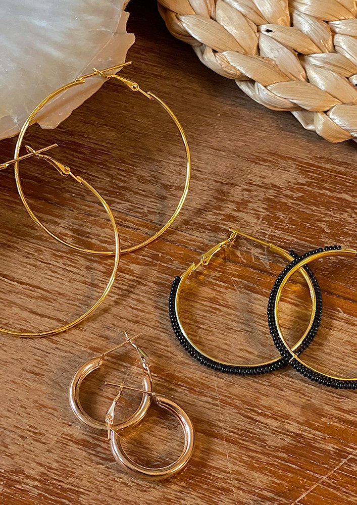 Ayesha Set Of 3 Gold-Toned & Black Beaded Hoop Earrings