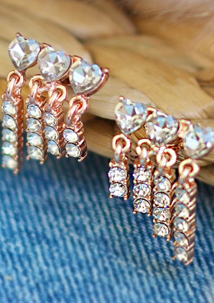Ayesha Rhinestone Diamante Studded Rose-Gold Toned Asymmetric Short Tassel Drop Earrings