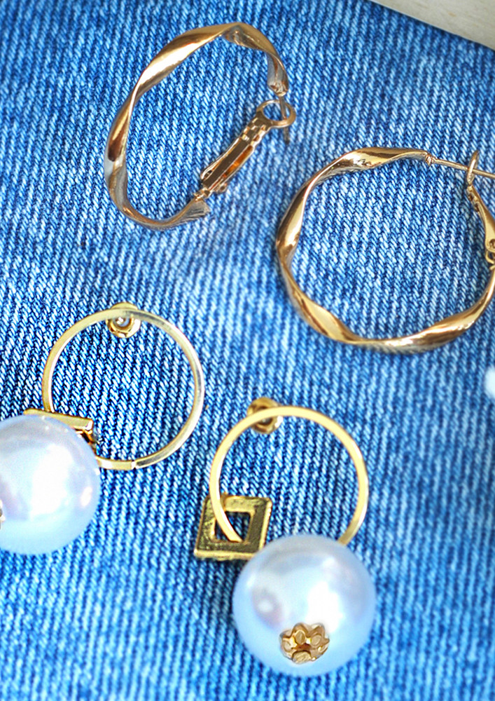 Ayesha Set Of 2 Gold-Toned Twisted Hoops & Circular Pearl Drop Earrings