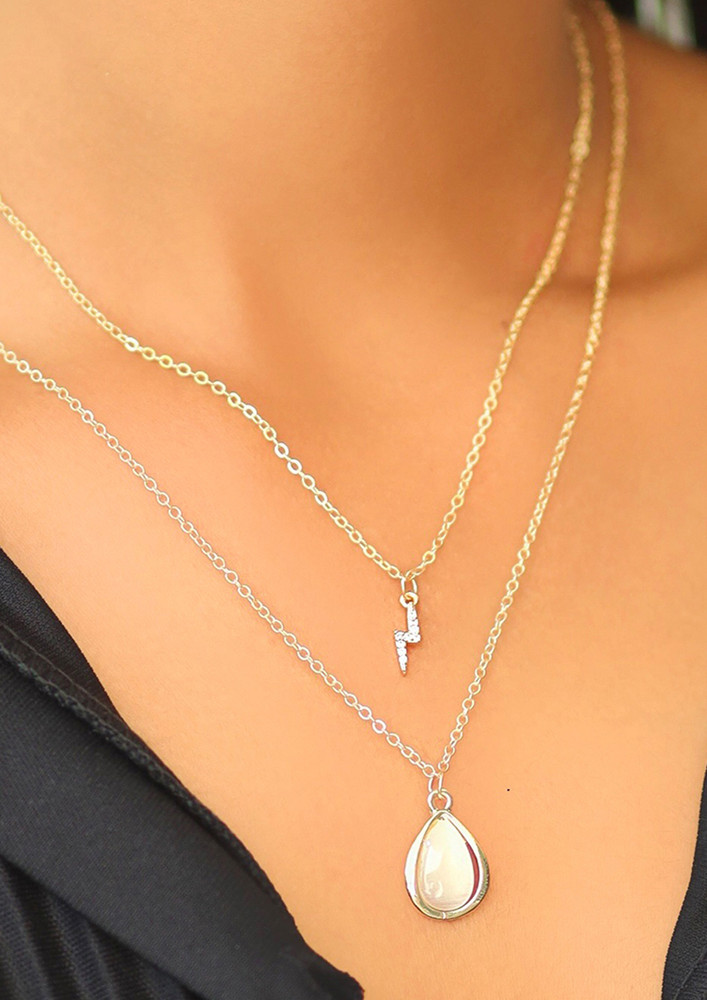 Ayesha Contemporary Diamante Studded Lightning & Moonstone Teardrop Pendant Gold-Toned Multi-Layered Necklace