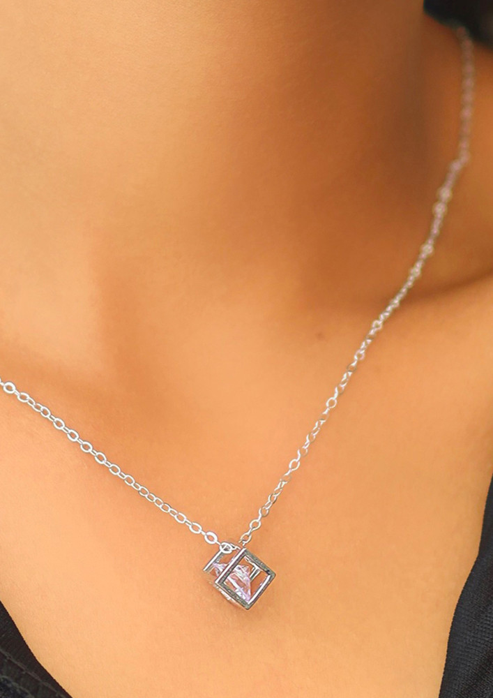 Ayesha Cube Diamante Stud Silver-Toned Mini Pendant Necklace