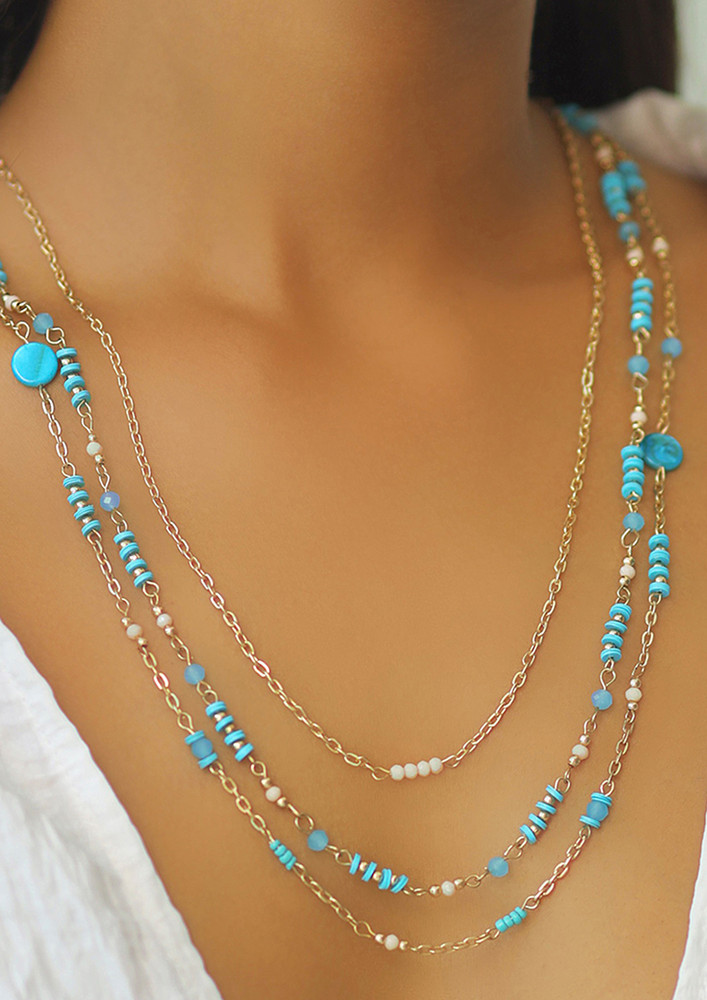 Ayesha Blue & Beige Beaded Gold-Toned Triple Layered Long Boho Necklace
