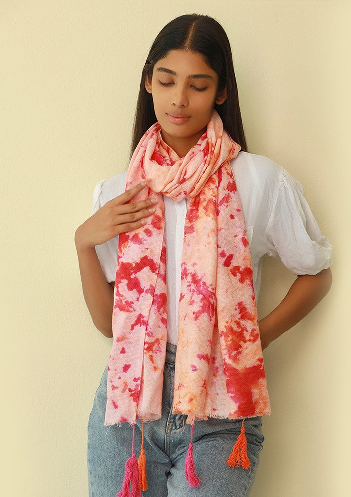Ayesha Pink & Orange Tie & Dye Modal Scarf with Fringes & Long Tassels