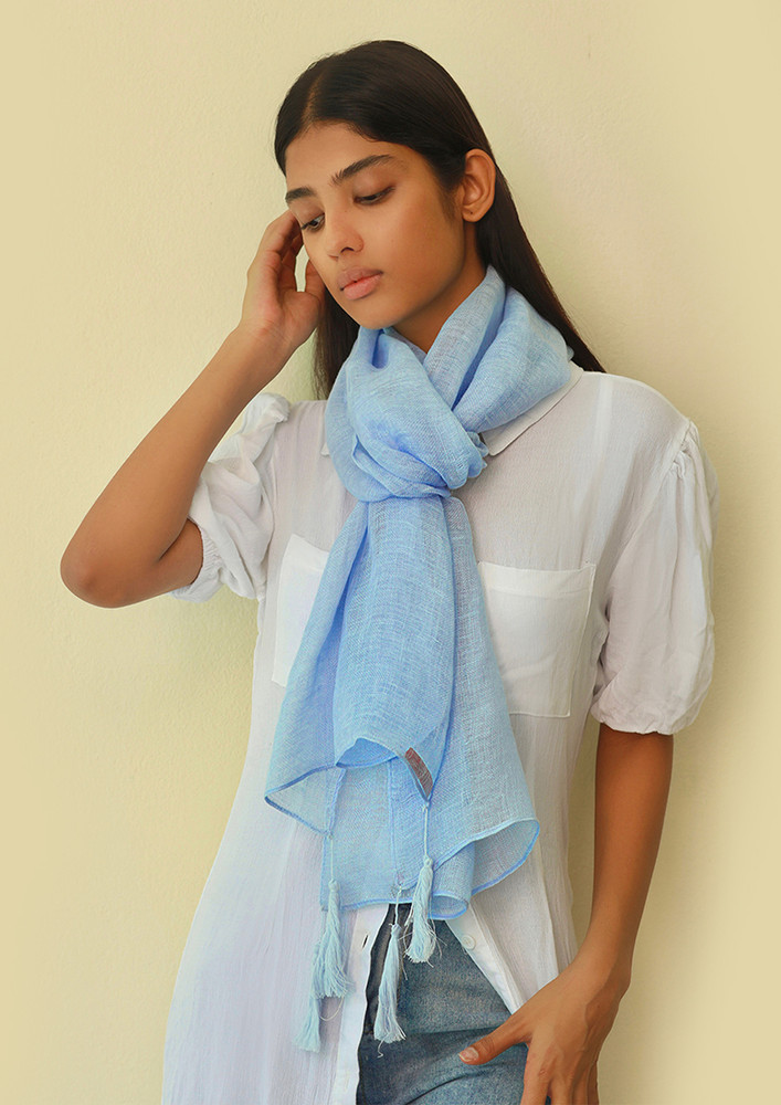 Ayesha Sky Blue Solid Linen Scarf with Long Tassels on Corners