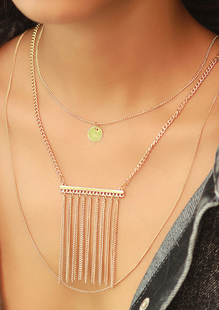 Ayesha Metallic Tassel & Circular Pendants Triple Layered Gold-Toned Necklace