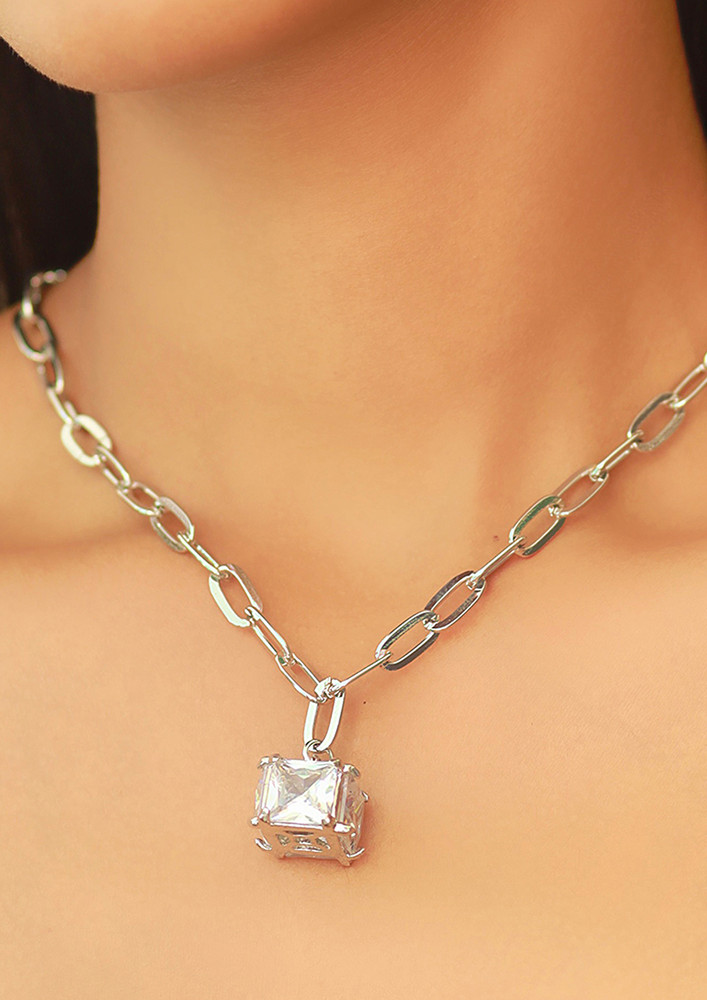 Ayesha Cube Diamante Stud Silver-Toned Oversized Pendant Chain-Link Necklace