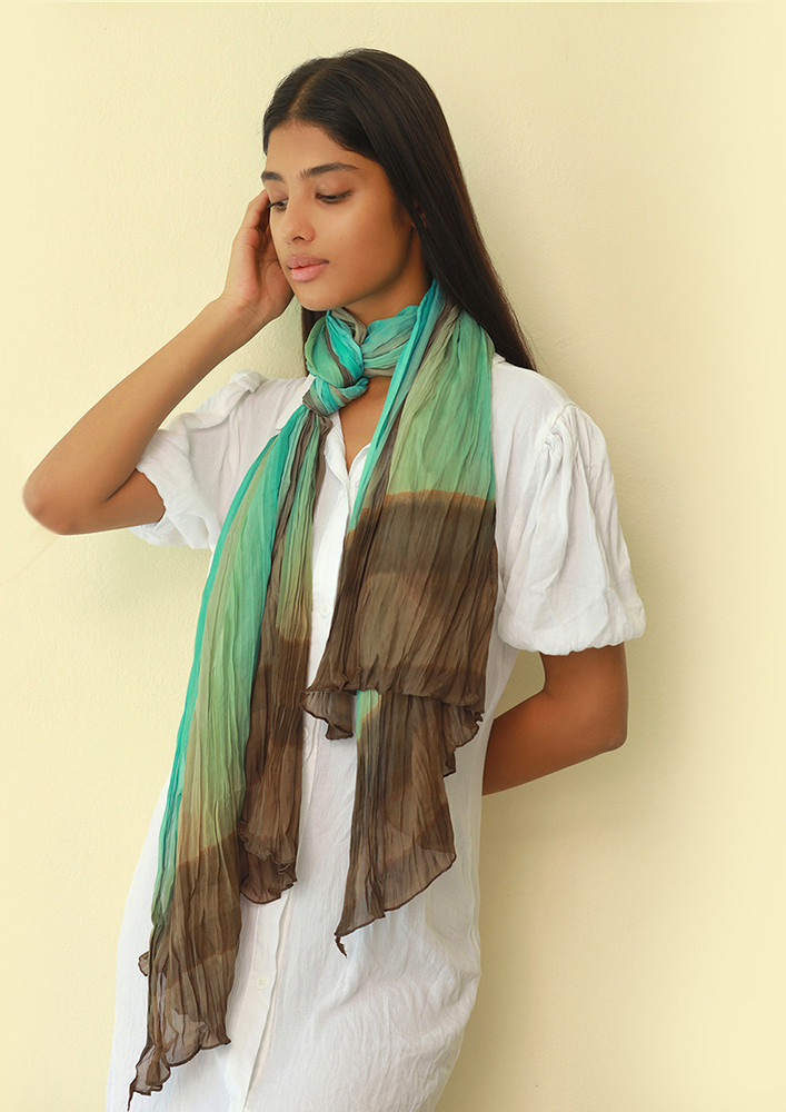 Ayesha Green & Brown Abstract Ombre Pleated Polyester Scarf