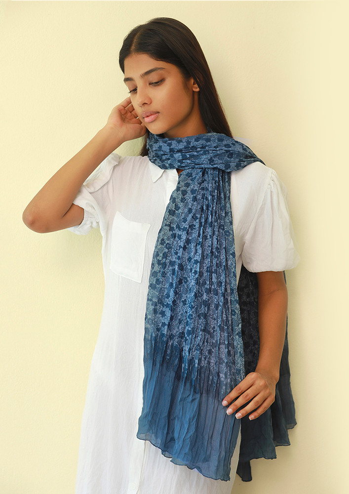 Ayesha Blue Ombre Floral Printed & Pleated Polyester Scarf