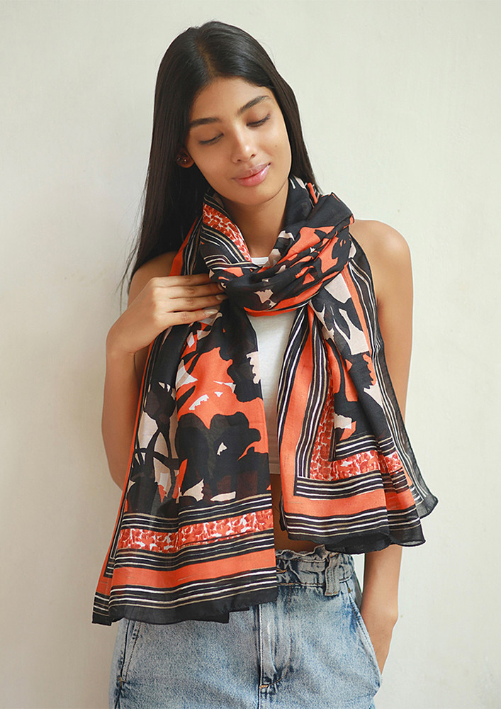 Ayesha 
Black, White & Orange Abstract Floral Print with Striped Border Viscose Scarf