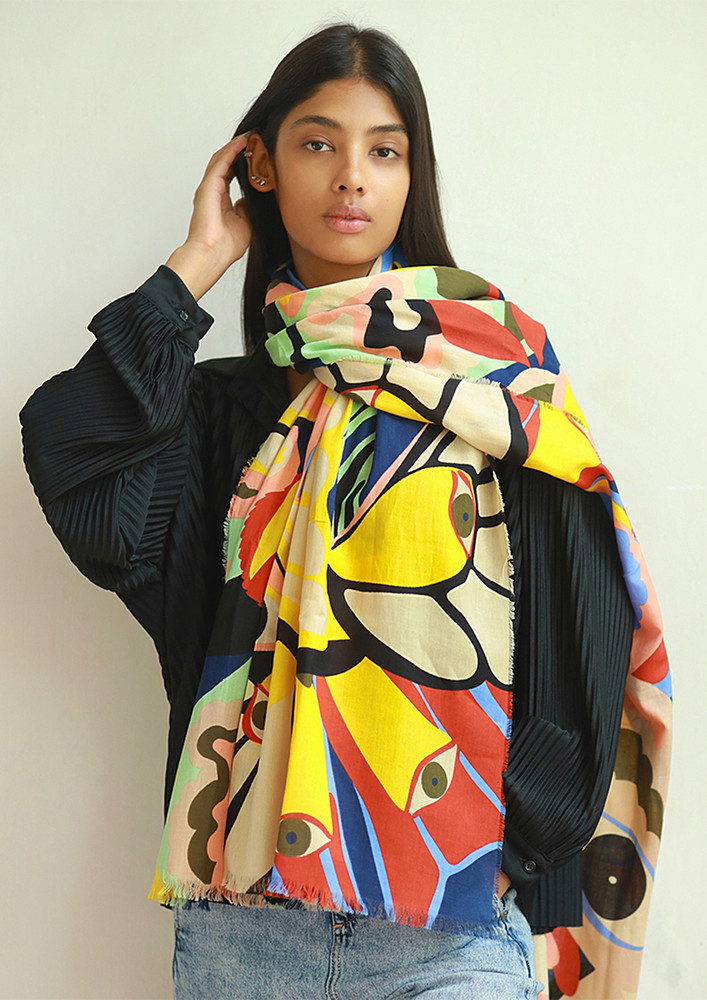 Ayesha Multicolor Color-Blocked Evil Eye, Butterfly Patterns Abstract Printed Big Viscose Scarf