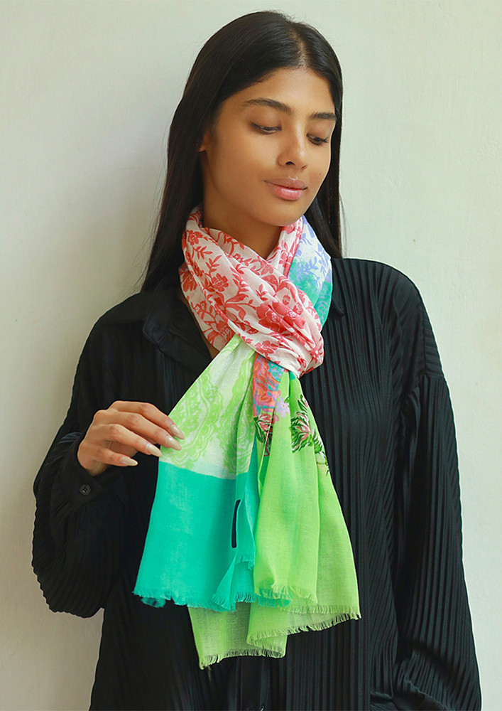 Ayesha Red, Green, Blue & White Abstract Floral & Paisley Printed Viscose Scarf