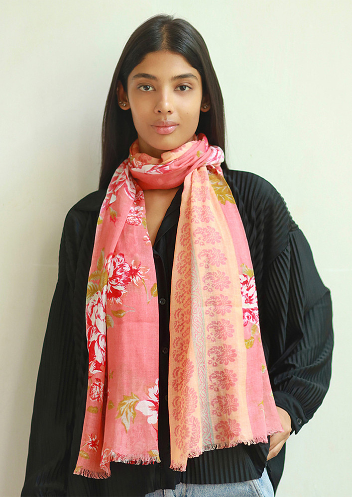 Ayesha Orange & White Double Shaded Abstract Rose Floral & Motifs Printed Viscose Scarf