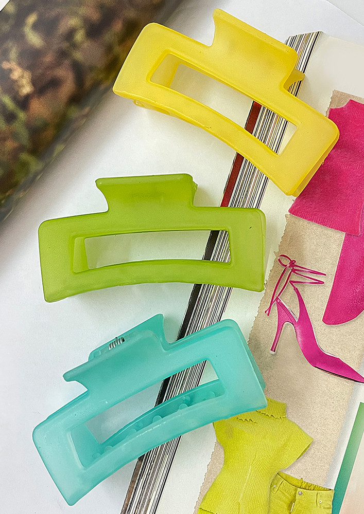 Ayesha Set of 3 Oversized Neon Green, Yellow & Blue Rectangular Matte Finish Hair Clutch Claw Clips