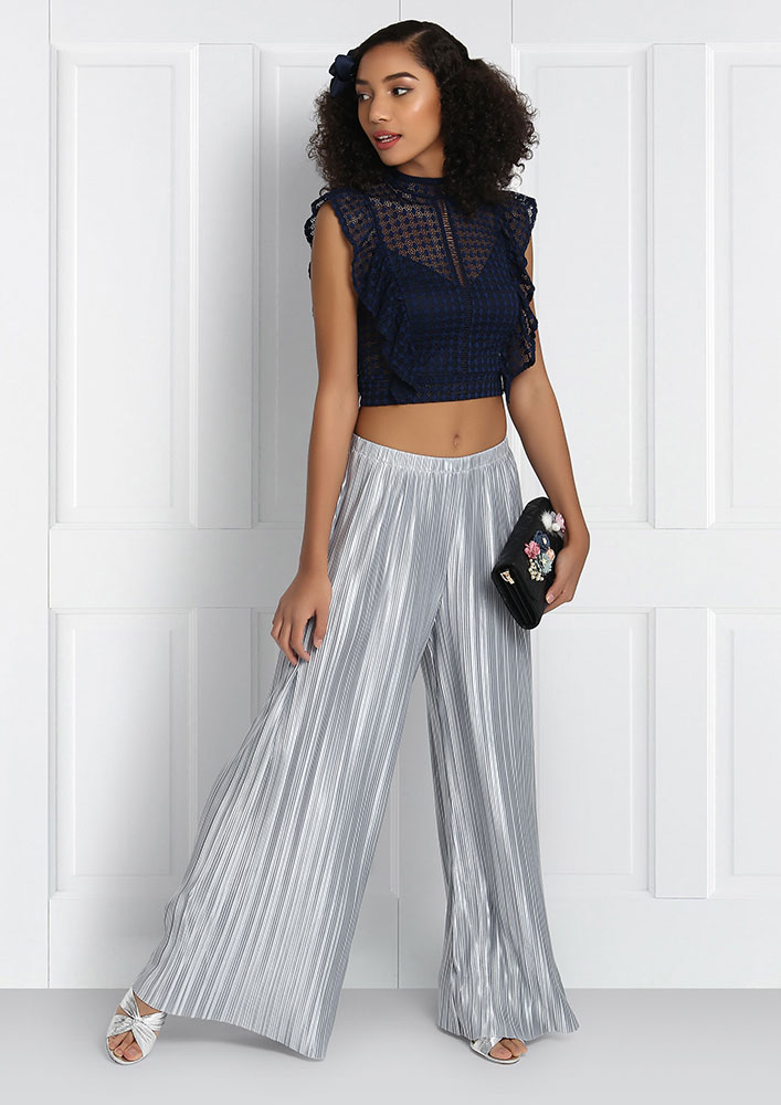 SILVER PLEATED FLARED PANTS 