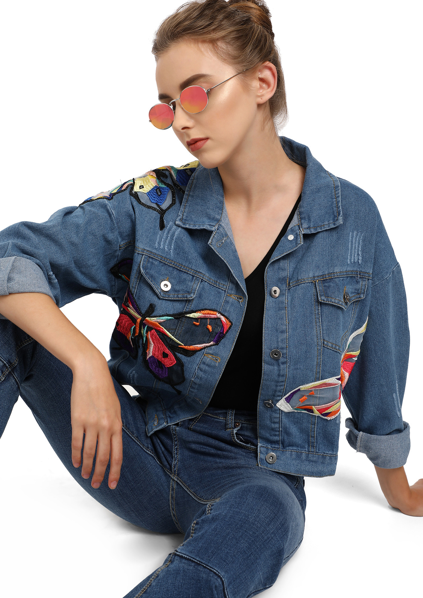 DENIM JACKET WITH BUTTERFLY PATCHES