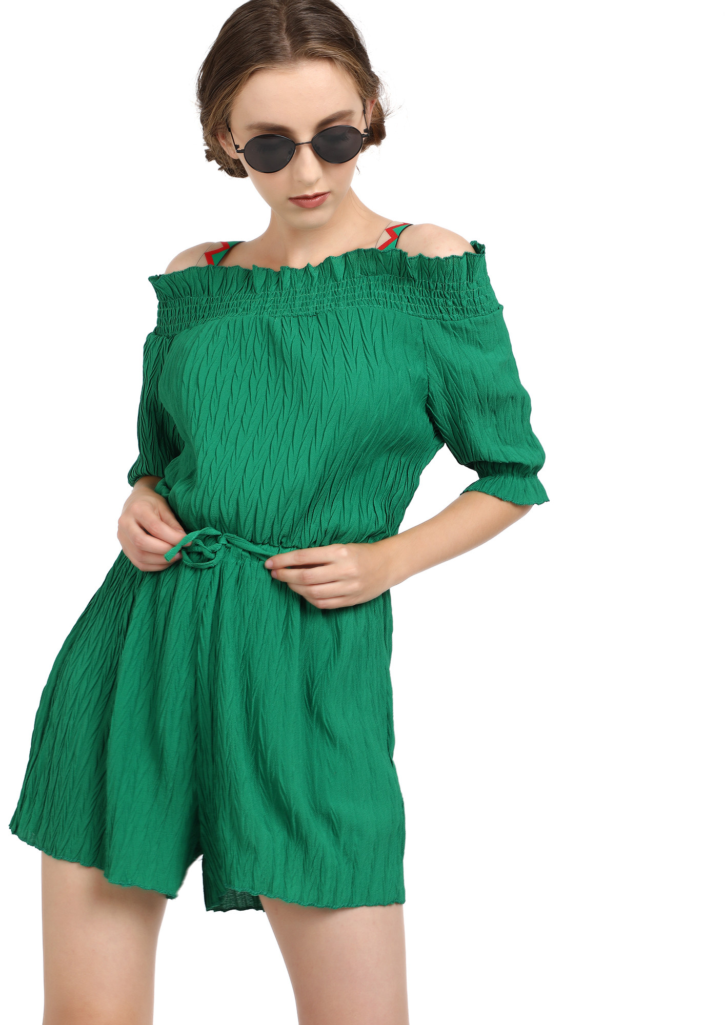 Pleated off shoulder romper in green