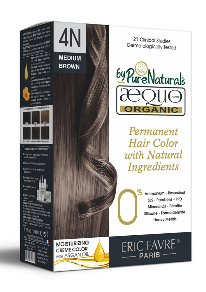 Aequo Organic Dermatologist Recommended Permanent Cream Hair Color Kit 4n Cafe Medium Brown 160ml