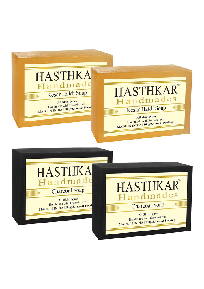 Hasthkar Handmades India Herbal Natural Handmade Kesar Haldi Soap And Charcoal Soap (2x2 Gift Combo)