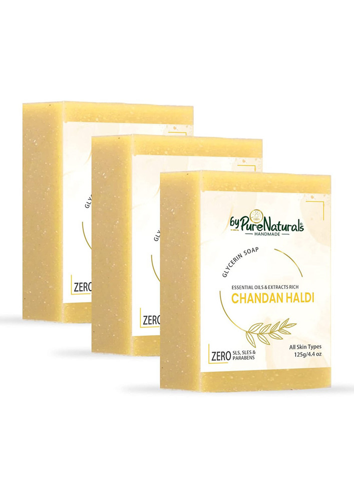 ByPureNaturals Organic, Mesmerizing, and Natural Glycerin Made Chandan Haldi Soap For Men Women 125gm Pack of 3