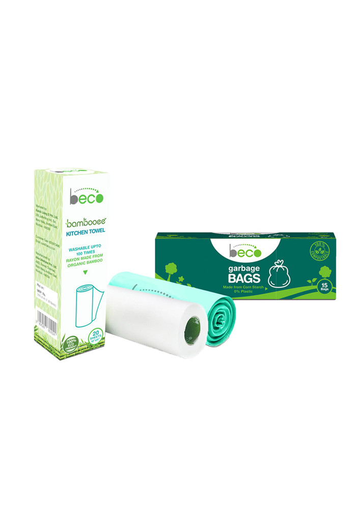 Beco Kitchen Care Bundle Bambooee Eco Friendly Reusable Kitchen Towel Roll (20 Sheets) + Beco Compostable Medium Garbage Bags  19 X 21 Inches (15 Pieces)
