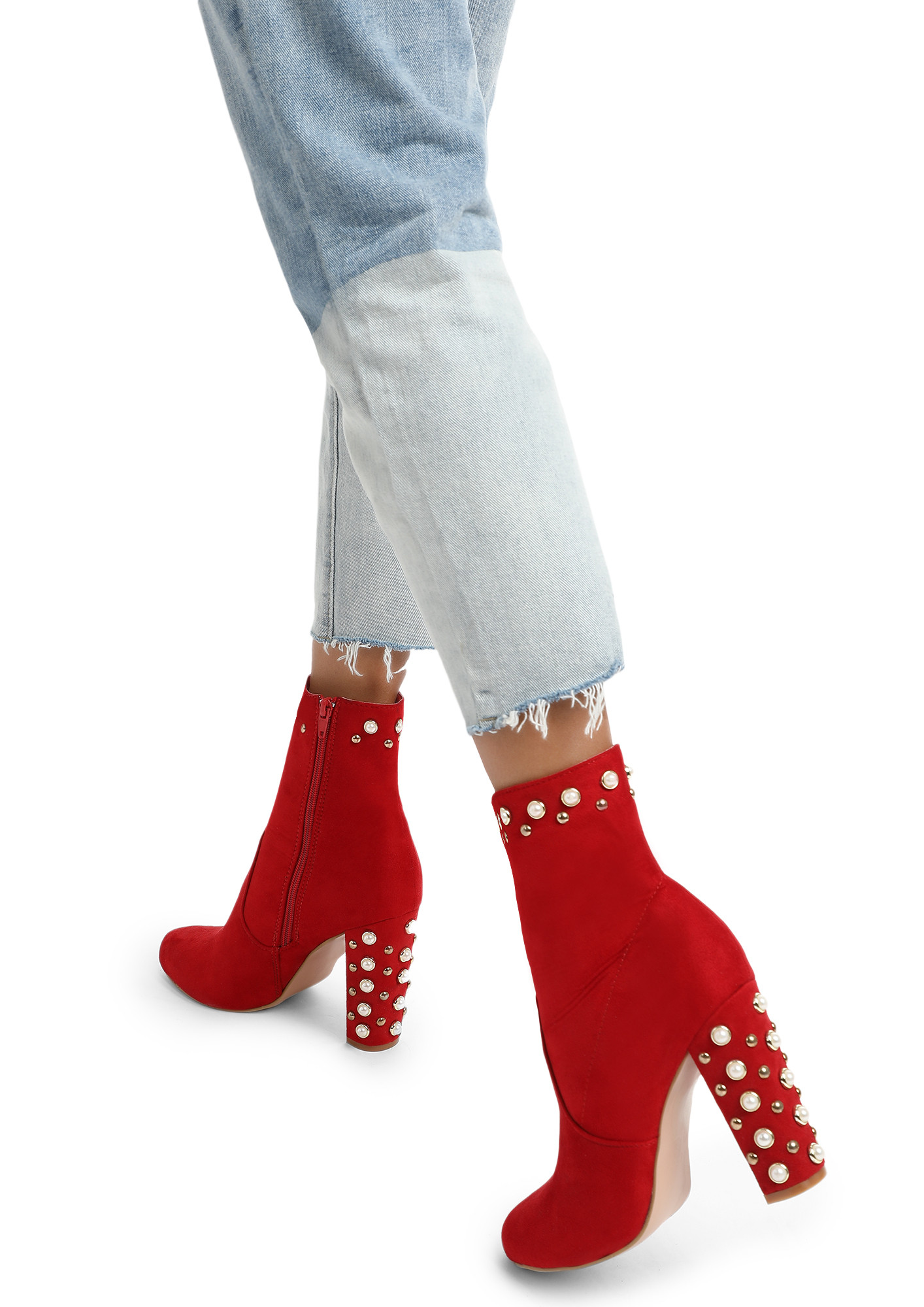 PEARL STUDDED RED ANKLE BOOTS