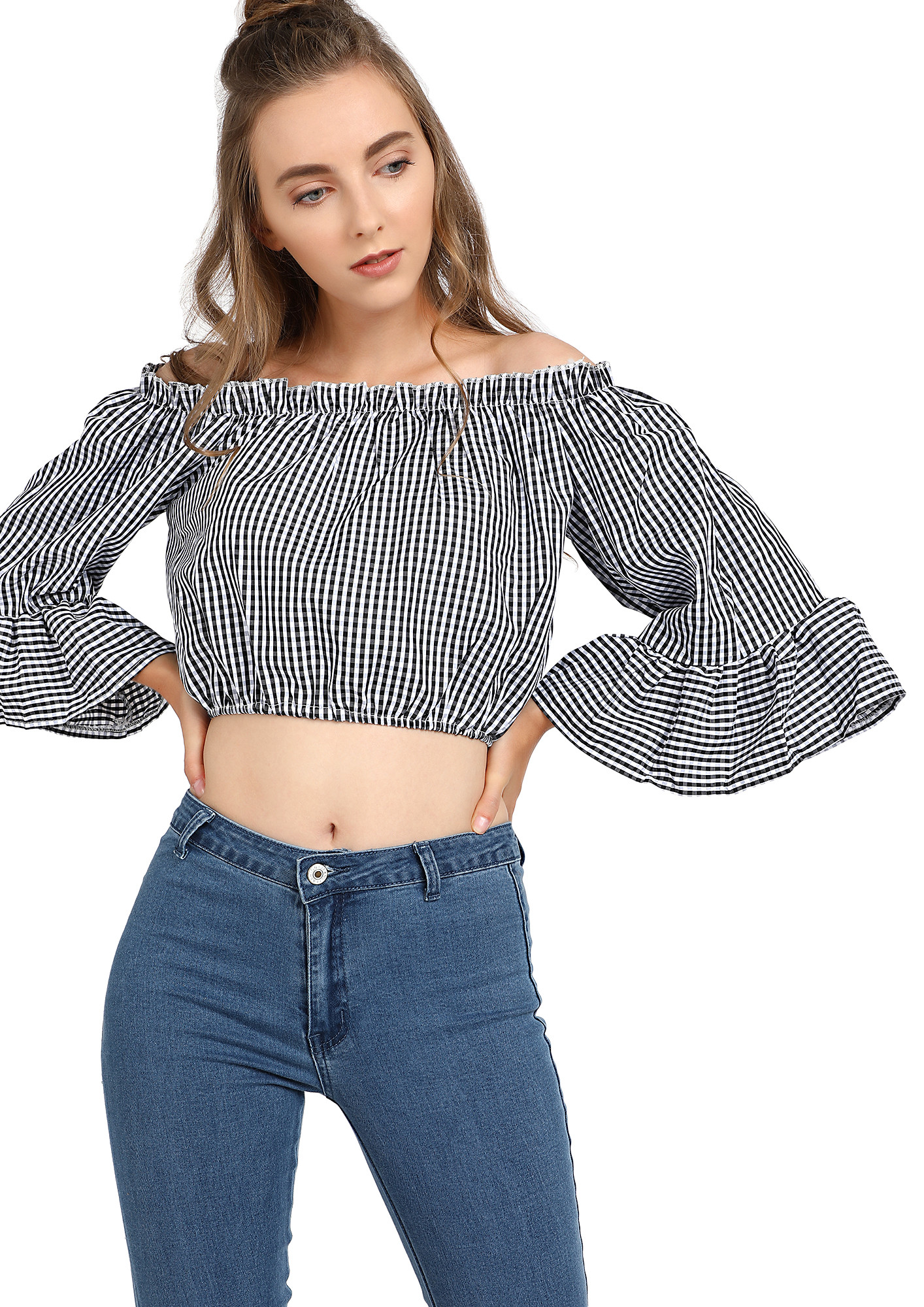 OFF SHOULDER BLACK AND WHITE CHECK TOP