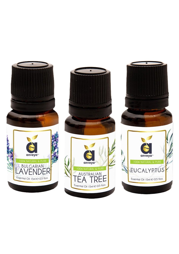 Anveya Set Of Top 3 Essential Oils, 15ml Each: Tea Tree, Eucalyptus & Lavender Oil