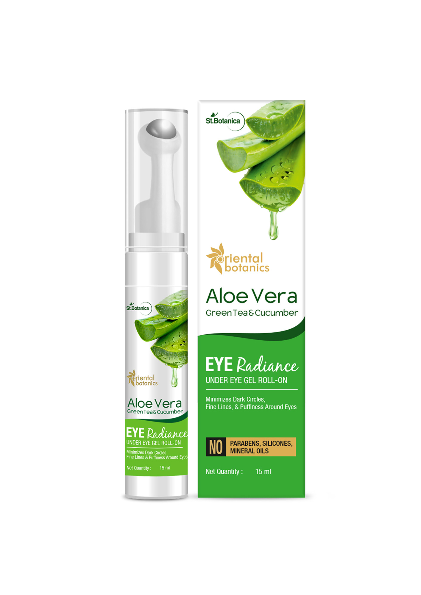 Oriental Botanics Aloe Vera, Green Tea & Cucumber Eye Radiance Under Eye Gel Roll on to Reduce Dark Circles, Puffiness and Fine Lines, 15 ml (ORBOT57)
