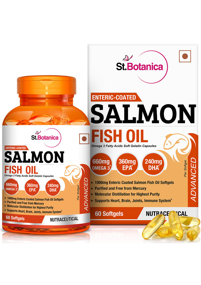 StBotanica Salmon Fish Oil 1000mg Advanced Double Strength 660mg Omega 3 with 360mg EPA, 240mg DHA - 60 Enteric Coated Softgels