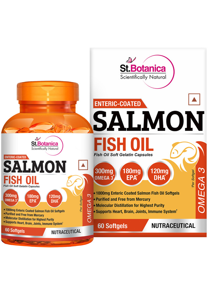 StBotanica Salmon Fish Oil 1000mg; 300mg Omega-3 with 180mg EPA, 120mg DHA - 60 Enteric Coated Softgels