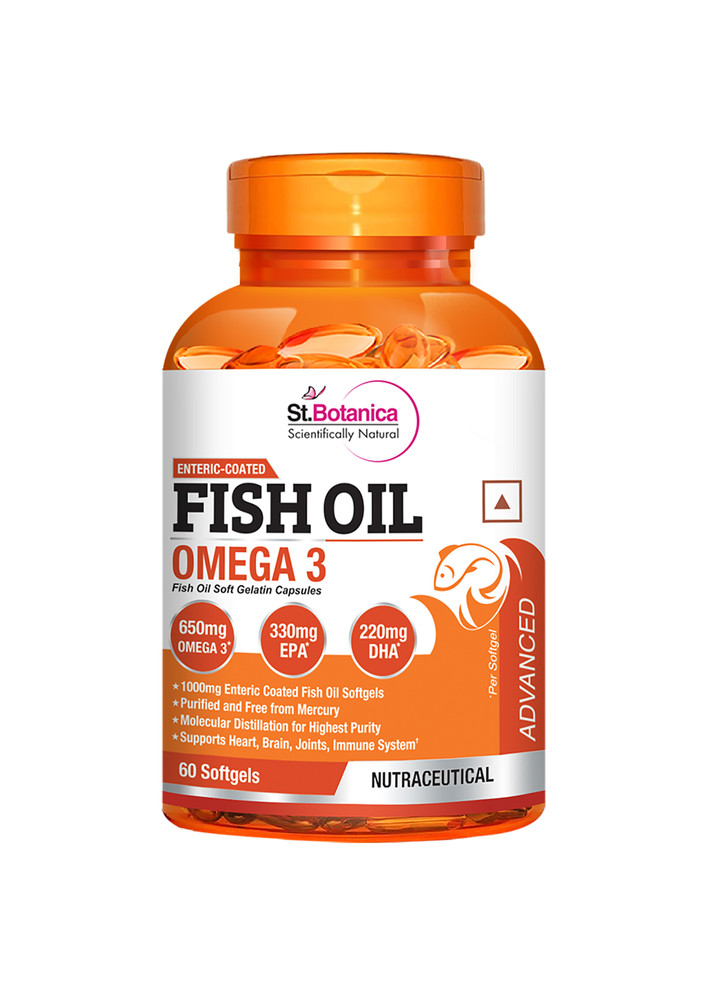 StBotanica Fish Oil 1000mg Advanced Double Strength 650mg Omega 3 with 330mg EPA, 220mg DHA - 60 Enteric Coated Softgels