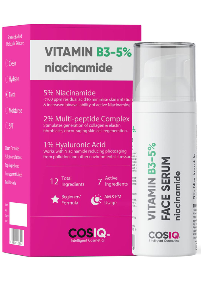 Cos-IQ- Niacinamide Vitamin B3-5% Face Serum for Ultra Sensitive Skin 30ml | With 2% Multi-Peptides & 1% HA, Hydrates, Repairs, Regenerates Skin Cells, Clears and Improves Texture