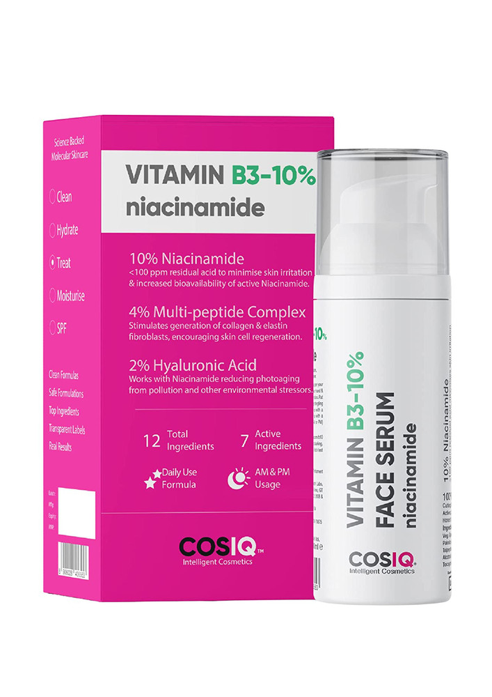 Cos-IQ- Niacinamide Vitamin B3-10% Daily Use Face Serum 30ml | 4% Multi-Peptide Complex and 2% HA | For Blemishes, Uneven Skin Texture, Dark Spots, Acne Marks | Clears, Hydrates and Repairs Skin