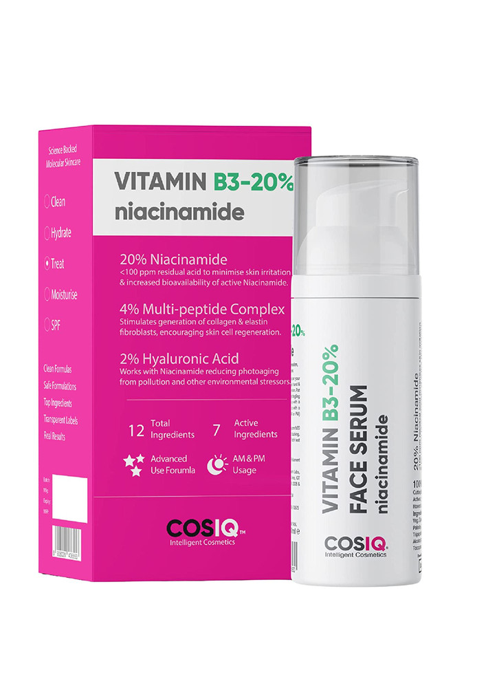 Cos-IQ- Niacinamide Vitamin B3-20% High Dose Face Serum 30ml | With 4% Multi-Peptide Complex and 2% HA for Acne Marks, Blemishes, Spot Correction, Damage Repair and Hyperpigmentation