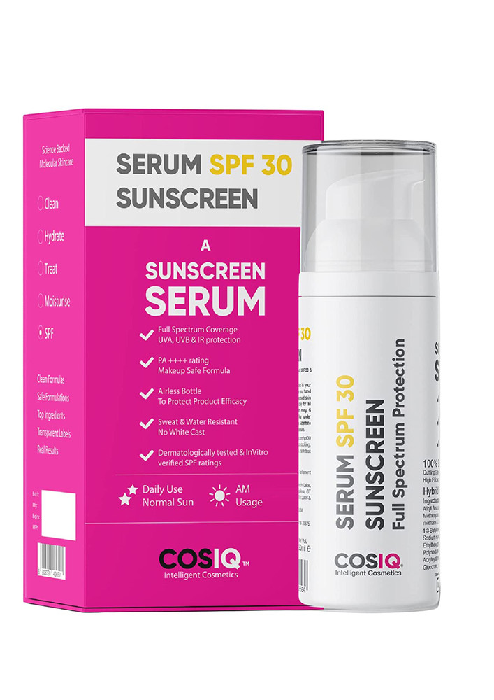 Cos-IQ- Daily Use Sunscreen Serum SPF 30 PA++++ Broad Spectrum, 30ml, UVA, UVB and IR Protection, Zero White Cast, Ultra Light Weight, Skin Safe, Dewy Finish