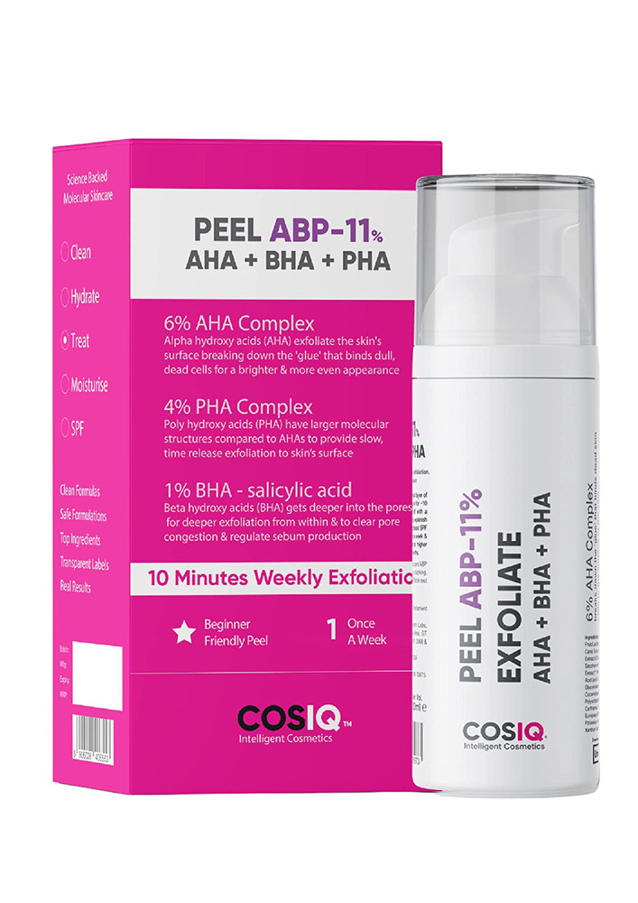 Cos-IQ- ABP 11% Beginner Friendly Exfoliating Peel AHA 6% + PH4% + BHA 1% Peeling Solution, 30ml for Glowing Skin, Smooth Texture & Pore Cleansing | Weekend Facial Exfoliator
