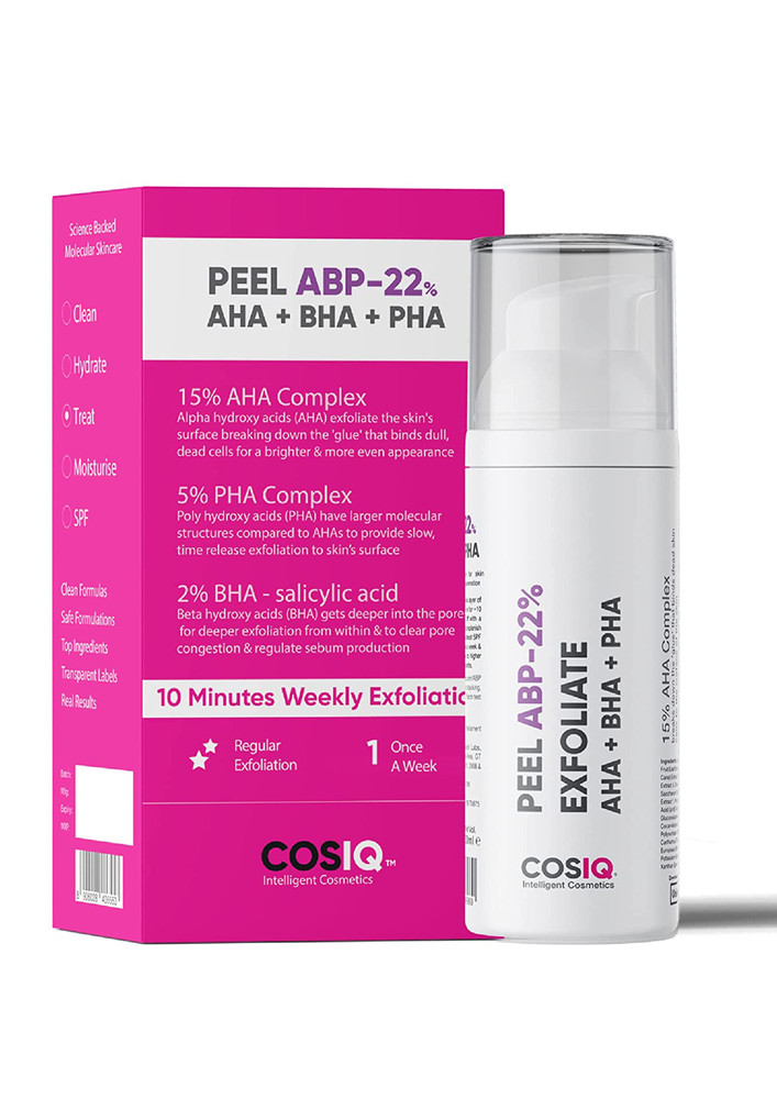 Cos-IQ- ABP 22% Regular Use Exfoliating Peel AHA 15% + PH 5% + BHA 2% Peeling Solution, 30ml | For Glowing Skin, Smooth Texture & Pore Cleansing | Weekend Facial Exfoliator