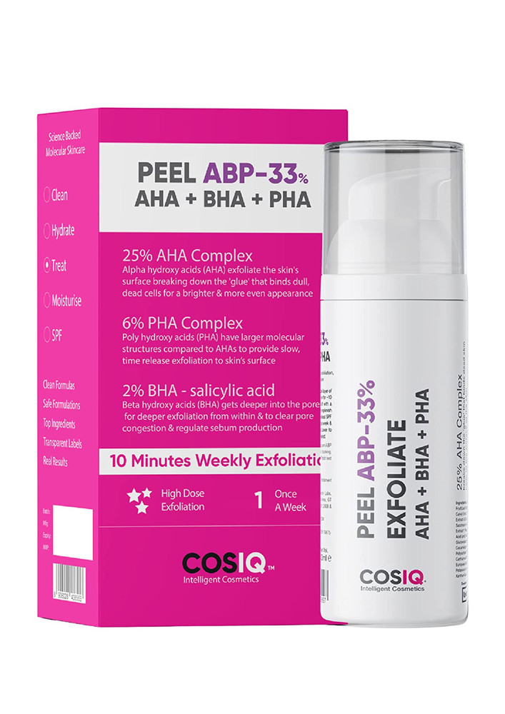 Cos-IQ- ABP 33% Strong Exfoliating Peel AHA 25% + PHA 6% + BHA 2% Peeling Solution, 30ml for Glowing Skin, Smooth Texture & Pore Cleansing | Weekend Facial Exfoliator